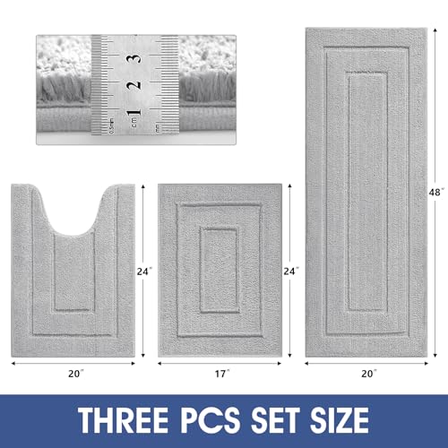 IM HOME Bathroom Rugs Sets 3 Piece, Ultra Soft Plush Fluffy Microfiber Absorbent Bath Mat, Non-Slip Backing, Machine Washable Bath Mats for Bathroom Floor, Tub, Toilet and Shower, Grey/Bordered - color: A-grey, size: 24"x17"+48"x20"+U Shape 24"x20"