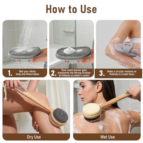 Back Scrubber for Shower + Body Scrubber 2 Pack - Dual Sided Silicone & Nylon Bristles Lather Well, Exfoliating Anti-Slip Wood Long Handle Back Scrubber Body Exfoliator for Wet/Dry Bath Brush Grey - color: Grey