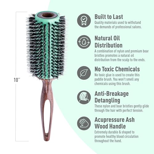 MINT Eco-Friendly Boar Bristle Round Brush for Blow Drying | Durable Blowout Styling for All Hair Types | Ceramic Round Brush with Hand-Crafted Wooden Handle (40 mm) - size: 40 mm Round Brush