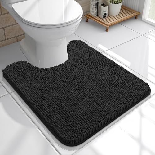 OLANLY Toilet Rugs U-Shaped 20x20, Extra Soft Absorbent Chenille Contour Bathroom Rugs for Toilet, Dry Quickly, Machine Washable, Non-Slip Bath Mat, Black - color: Black, size: 20" X 20" Contour Rug