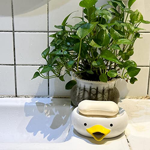Soap Holder Ceramic Soap Dish with Drain Perforations, Cute Duck Styling Bar Soap Holder for Shower, Easy Cleaning Soap Saver Tray Decoration for Bathroom, Sinks, Kitchen (Duck.1)