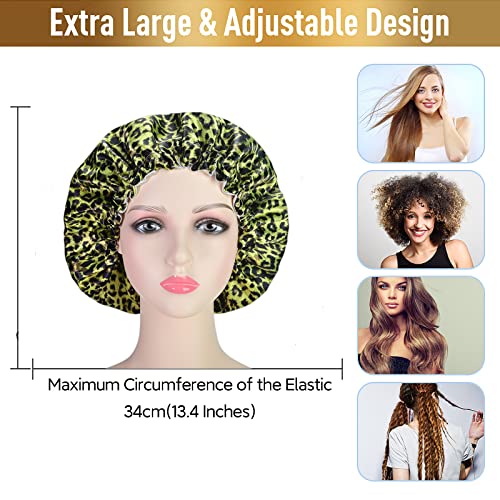 Fishent Adjustable Shower Cap, Large Reusable Shower Caps for Women Long Hair, Double Layer Waterproof Hair Cap, Adult Bathing Cap Shower Hat for Hair Protecton - color: Green Leopard, size: X-Large