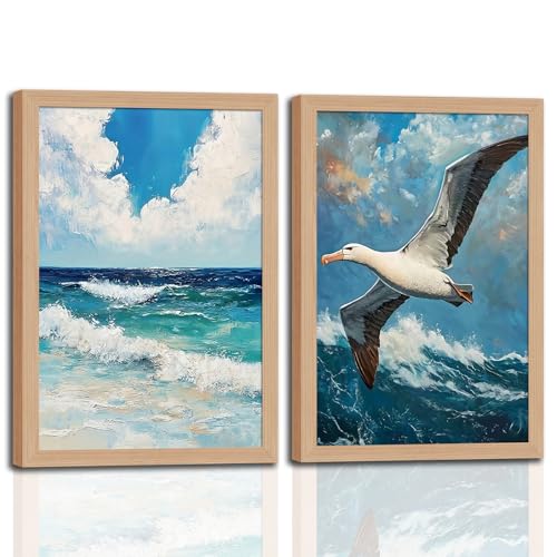 2Pcs Wood Framed Vintage Seascape Wall Art Coast Beach Seagulls Flying Over Waves Poster Canvas Print Modern Seaside Picture Home Decor Painting for Living Room Bedroom Bathroom16x24in - color: Birds Flying Over Waves, size: 16x24 Inches