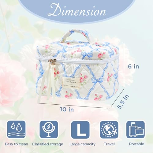 Sminra Makeup Bag Large Travel Quilted Cosmetic Makeup Bag Organizer, Floral Cotton Coquette Aesthetic Toiletry Bag for Women Girls (Blue Bow Flowers-L) - color: Blue Bow Flowers-L