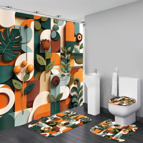 Chrainy 4pcs 3D Geometric Colorful Shower Curtain Set for Bathroom Floral Leaves Bathroom Decor Sets with Shower Curtain and Rugs - color: Colorful