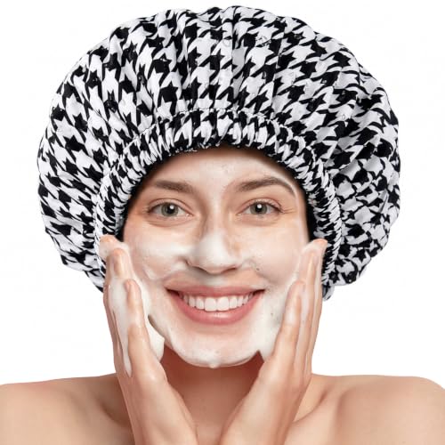 Shower Cap for Women Terry Lined Bath Cap Large Reusable Waterproof Elastic Black Houndstooth Shower Caps for Long Thick Hair Soft Bath Shower Hair Caps - color: Black Houndstooth