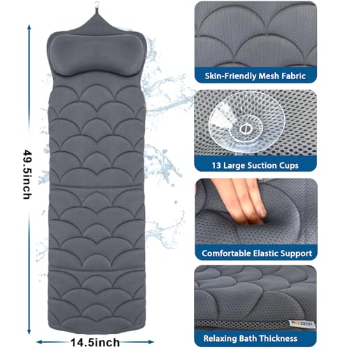 REEZEIVI Full Body Bath Pillow,Thick Bathtub Cushion with Laundry Bag,Bath Pillow with 13 Non-Slip Suction Cups,Soft 3D Mesh Fabric,Bathtub Cushion for Headrest Neck and Back Support (Gray) - color: Gray