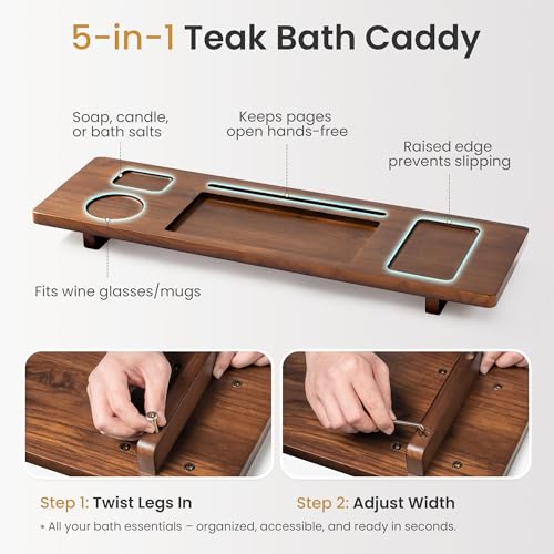 Teak Bathtub Tray for Freestanding Tubs - 29" Heavy-Duty Luxury Bath Caddy, Non-Slip Zero-Wobble Design, Water-Resistant Spa Organizer with Wine Glass & Phone Holder - color: Brown Teak, size: 29 Inch