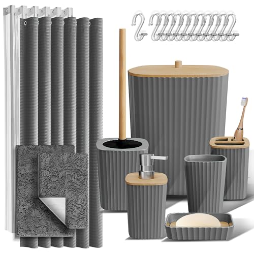 Clara Clark Bathroom Accessories Set - Bathroom Set, Bathroom Sets with Shower Curtain and Rugs, Shower Curtain Set with Bathroom Trash Can - Grey - 22PC - color: Grey, size: Complete Set + Bath Rugs