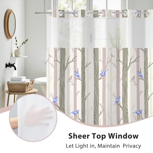 No Hook Shower Curtain with Snap in Liner, Blue Bird Tree Fabric Shower Curtain Set for Bathroom, Hotel-Quality, See Through Top Window Design, 59" W x 79" L - color: 05 Bird - Blue, size: 59"W x 79"L (Pack of 1)