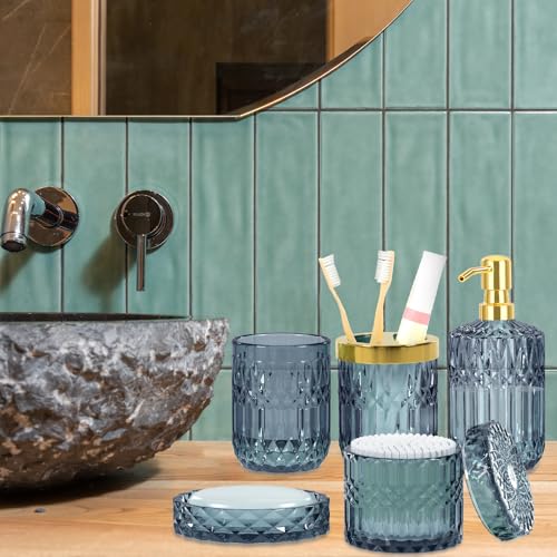 Blue Bathroom Accessories Set - 5PCS Clear Glass Bathroom Accessory Set (Toothbrush Holders, Soap Dispenser, Soap Dish, Tumbler, Cotton Swab Jar), Countertop Vanity Organizer Modern Decor Vintage Gift - style: Blue