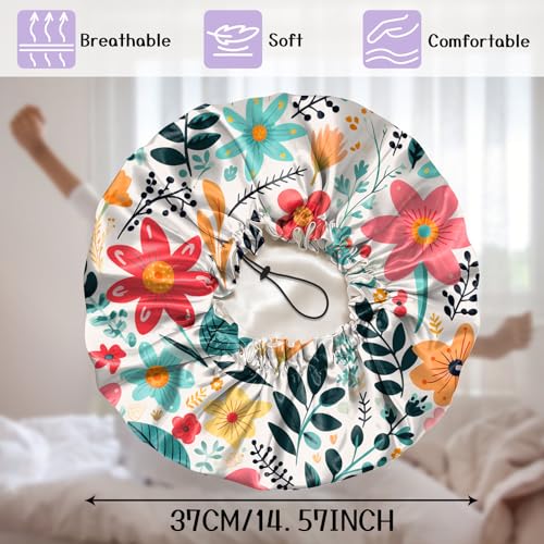 Luxury Shower Cap Silk Satin Lined Waterproof Reusable Adjustable Elastic Dry Hair Bathing Caps Cute for Women Girls-Red Flower - color: C-2-Red Flower