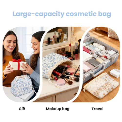 Gosect Large Makeup Bag, Cute Drawstring Cosmetic Bag with Canvas Lining, Floral Coquette Aesthetic Toiletry Bag, Travel Make Up Organizer Bag for Women and Girl (Blue Flower) - color: 035Blue Flower
