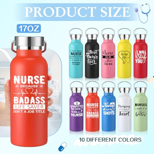 10 Pack Nurse Gifts Water Bottles 17 oz Insulated Stainless Steel Tumblers with Handle & Lid, Nurse Appreciation Gifts Bulk for Women Coworkers, Nursing Week(Classical Pattern)