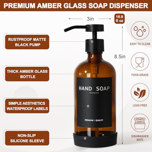 Kitchen Soap Dispenser Set with Tray, Amber Glass Soap Dispensers with Iron Basket, Decorative Hand and Dish Soap Dispenser Set, Soap and Lotion Dispensers for Kitchen and Bathroom Storage Organizer