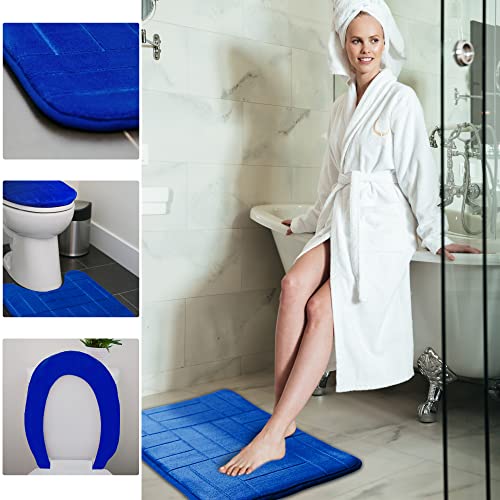 Bathroom Rug Set 5 Piece - Memory Foam Bathroom Mat Set, Soft and Comfortable, Non-Slip Thick Absorbent Bath Mats, Machine Washable, Royal Blue - color: Royal Blue/ Line Design