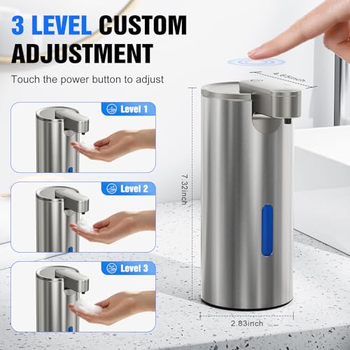 Fantictas Touchless Foaming Soap Dispenser, Stainless Steel Automatic Foam Soap Dispenser, USB-C Rechargeable Sensor Pump with 3 Adjustable Levels, 11.5 oz for Bathroom & Kitchen - color: Stainless Steel, style: Foam