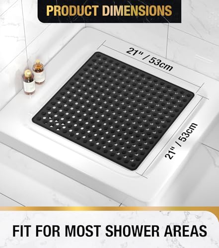 HITSLAM Shower Mat Anti Slip, Square Bath Mat for Tub Non Slip with Suction Cups and Drain Holes, 21x21 Inch Bathroom Shower Stall Floor Mat, Machine Washable, Soft on Feet, Black - color: Black, size: 21" x 21" (Square)