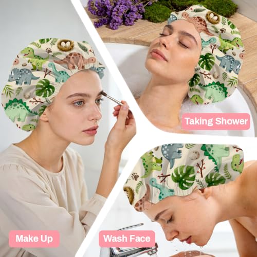 Dinosaurs Leaves Reusable Shower Cap Cute Double Layer Waterproof Shower Caps Large Elastic Hair Cover Adjustable Hair - Drying Caps for Woman Bath SPA Travel One Size Fits Most - color: Dinosaurs Leaves