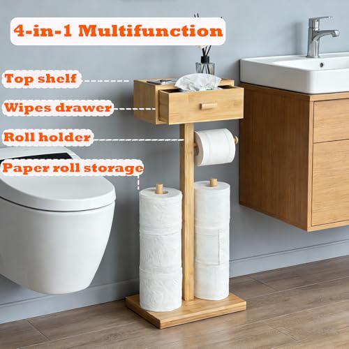 Freestanding Bathroom Toilet Paper Holder Stand with Shelf, Bamboo Toilet Paper Roll Holder with Wet Wipes Storage Drawer(Natural) - color: Natural