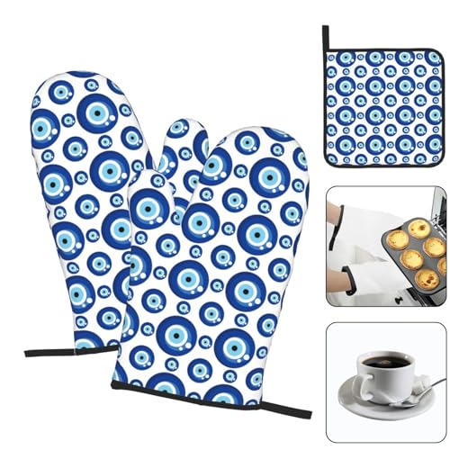 Blue Evil Eyes Oven Mitts and Pot Holders Sets of 3 Funny Hot Pads Heat Resistant Non Slip Washable for Cooking Grilling Baking BBQ Kitchen Decor - color: Blue
