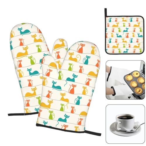 Mid Century Modern Cats Oven Mitts and Pot Holders Set Heat Resistant Cute Oven Gloves for BBQ Baking Grilling Cooks Kitchen Decor 3 Piece - color: Modern Cats