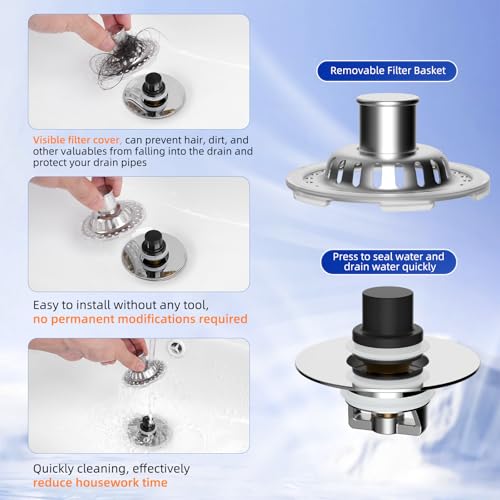 Universal Bathtub Drain Stopper, Brass Metal Shower Hair Catcher, Chrome | 3 in 1 Bathroom Sink Strainer with Visible Top Filter, Tub Stopper for Standard 1.1''~2.36'' Sink Hole, Transparent Edge - color: Chrome Finish with Transparent Edge