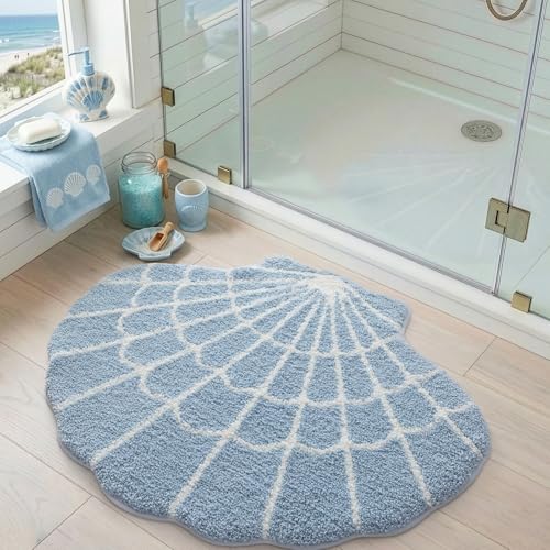 DEXI Seashell Bathroom Rugs Non Slip Washable, 38x30 Ultra Soft Cute Bath Mats for Bathroom Absorbent Quick Dry, Coastal Sea Bathmat for Shower Floor, Tub, Sink, Blue - color: Scallop Blue-large