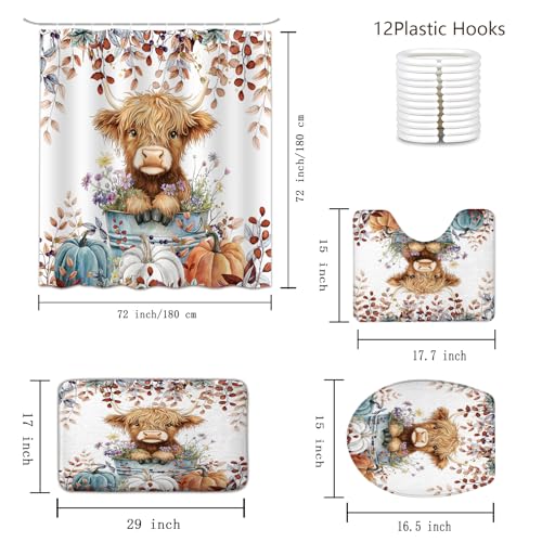 4PCS Fall Highland Cow Shower Curtain Bathroom Sets with Rugs, Toilet Lid Cover and Bath Mat, Autumn Pumpkin Thanksgiving Farmhouse Country Bathroom Decor Set with 12 Hooks - color: Fall Highland Cow