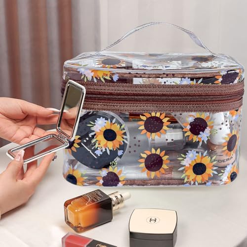 Clear Printed Sunflower Cosmetic Bag and Travel Pouch with Handle-Durable PVC Material,Versatile,Zipper Design for Smooth Sliding-Ideal for Makeup,Travel Essentials (Yellow Sunflower) - color: Yellow Sunflower