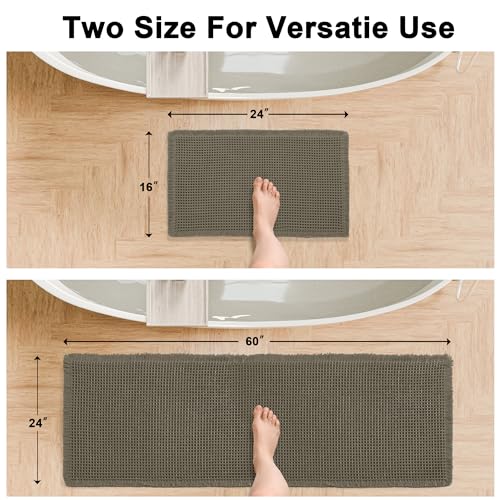 Hiasan Set of 2 Waffle Bath Mat, Super Absorbent Non Slip Bathroom Boho Rug with Tassels, Machine Washable Bath Mats for Bathroom, Ultra Soft Rubber Backed Rug, Grayish Green, 16" x 24" + 24" x 60" - color: Grayish Green, size: 16" x 24" + 24" x 60"