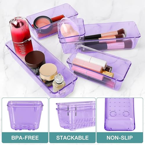 StorMiracle 23 PCS Drawer Organizer Set, 5 Varied Size Bathroom and kitchen Drawer cabinet organizer Trays, Clear Storage Bins for Makeup, Jewelry, Utensils and Gadgets, Purple - color: Purple, size: 23 PCS