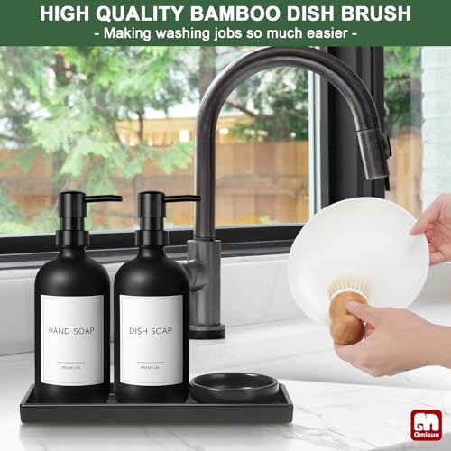GMISUN Kitchen Soap Dispenser Set, 17 fl oz Dish Soap Dispenser with Ceramic Tray & Bamboo Brush for Kitchen, 2Pcs Matte Black Glass Hand and Dish Soap Dispenser Set, Refillable Soap Bottle Set - color: Black Bottles + Black Pumps