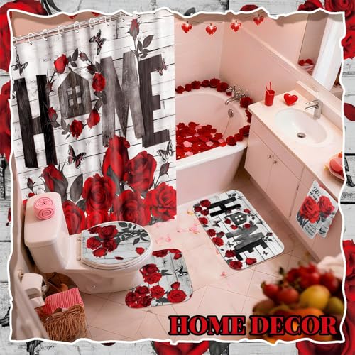 Tatuo 8 Pcs Red Rose Shower Curtain Set Rose Home Romantic Farmhouse Bathroom Decor Accessories Sets Black Red Waterproof Shower Curtain with Towels Carpet Bath Mat Toilet Rugs and 12 Hooks - style: Red Rose