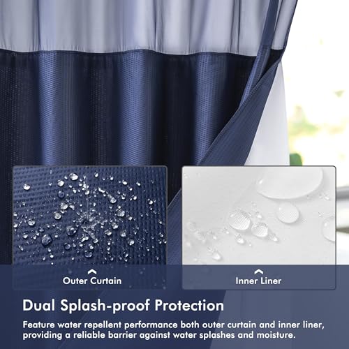 Mrs Awesome No Hook Shower Curtain with Snap-in Liner, Embossed Waffle Design Fabric Shower Curtain for Bathroom, Soft & Lightweight, 71x74, Navy Blue - color: Navy Blue, size: 71"W x 74"L (Pack of 1)