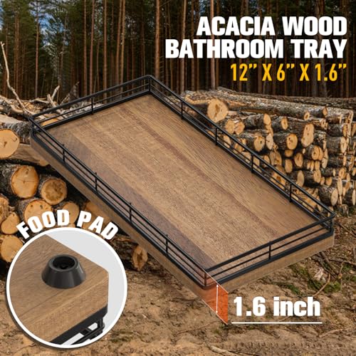 Bathroom Vanity Tray for Countertop, 12" x 6" Acacia Wood Toilet Tank Tray | Metal Guardrail, Bathroom Organizer for Soap, Perfume & Skincare, Non-Slip Decorative Tray for Dresser, Black & Acacia - color: Acacia, size: 12" x 6" x 1.5"