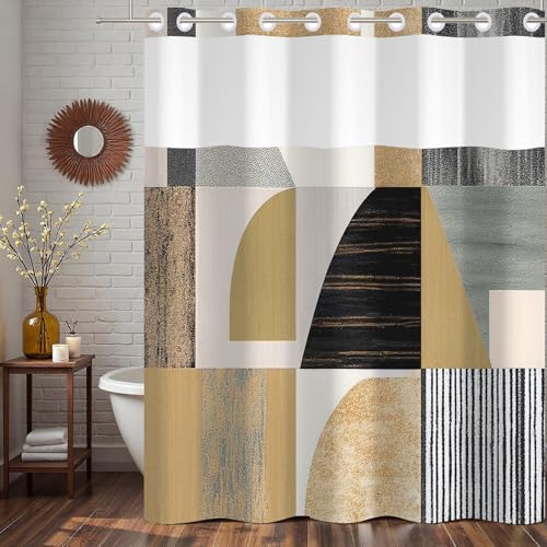 No Hook Geometric Shower Curtain and Liner Set 71 x 74 Inch | Brown Abstract of Shapes Pattern, Waterproof Bath Curtain for Mid-Century Bathroom, Hotel Decor, Breathable Mesh Top - color: Brown and Black