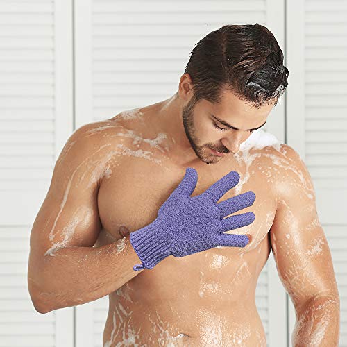 Bath Exfoliating Gloves Scrub - 4 pcs(2 pairs) Lengthened and Large Exfoliating Scrubbing Gloves for Shower, Spa, Massage - Scrub Exfoliating Mitts for Body, Face, Hand （Purple and Beige） - color: Purple and Beige