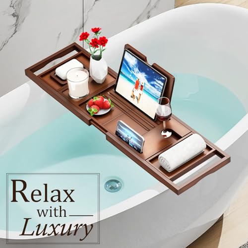 Premium Bathtub Tray Caddy - Bath Table Tray for Bathtub - Bath Tub Tray Table for Bathtub, Expandable Size, Fits Most Bath Tubs - color: Vintage Brown