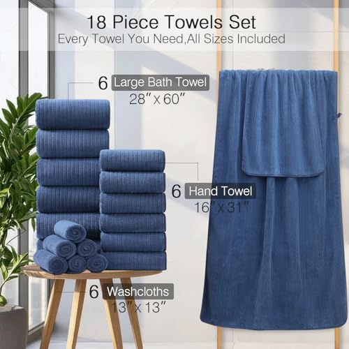 Hailea 18 Piece Family Bath Towel Set Include 6 Bath Towels,6 Hand Towels and 6 Washcloths Soft Bathroom Towel with Hanging Loops,Highly Absorbent Quick Dry Towels Set for Bathroom,Hotel and Spa-Navy - color: Navy, size: 18-Piece Set