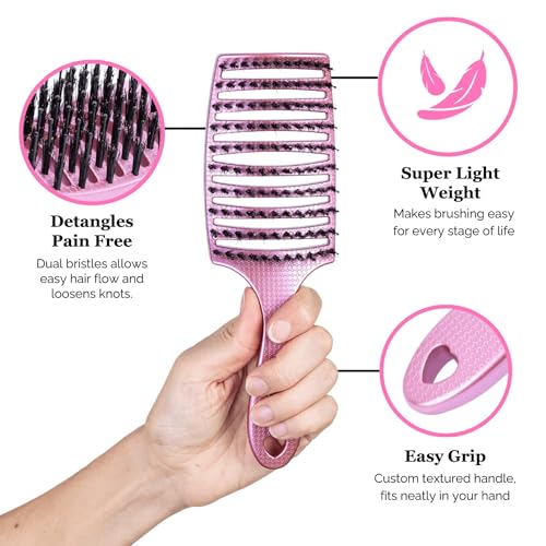 HAPPY HAIR BRUSH Happy Detangler Paddle Brush with Boar Bristles & Nylon Pins | Designed by Women to Detangle & Smooth Thick, Fine or Curly Hair | Pain-Free Slick Back Brush, Ultra Lightweight (Pink) - color: Pink