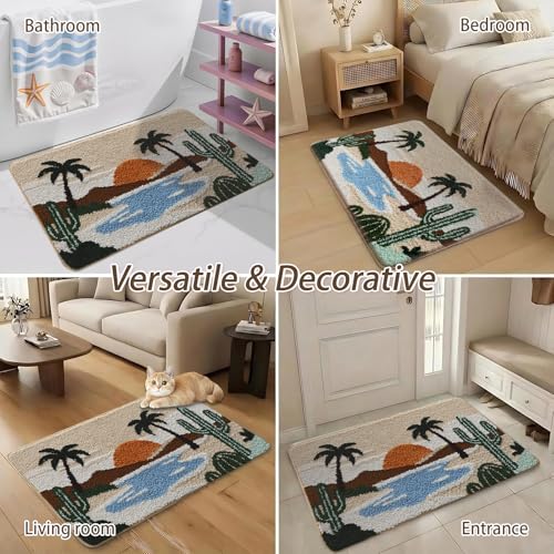 Bathroom Rug Mat, Desert Oasis Sunset Fluffy Rug with Cactus & Palm Tree, Ultra Absorbent Microfiber Shaggy Door Mat, Quick Dry Bath Rug Carpet for Toilet Bathtub Bedroom 20x31 Inch (Brown) - color: Green