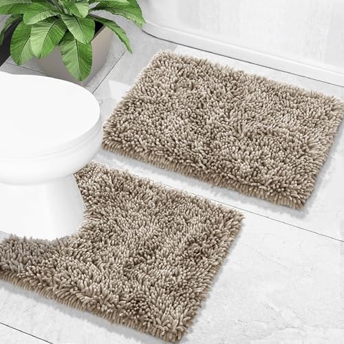 Yimobra Bathroom Rugs Sets 2 Piece, Soft Absorbent Bath Mat and U-Shaped Toilet Rug with Non Slip Backing, Luxury Shaggy Bath Mats for Bathroom, Machine Washable, 24"x17"+24"x20", Camel - color: Camel, size: 24x17 + 24x20 Inch