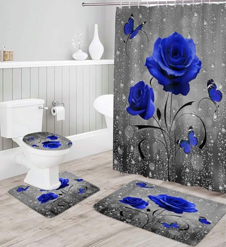 Royal Blue Rose Shower Curtain Set 4Pcs Floral Flower Butterfly Gray Grey Navy Antique Elegant Bathroom Curtains Toilet Lid Cover U Shaped Mat Non-Slip Rug Fabric Polyester 60x72 Inch - color: Royal Blue
