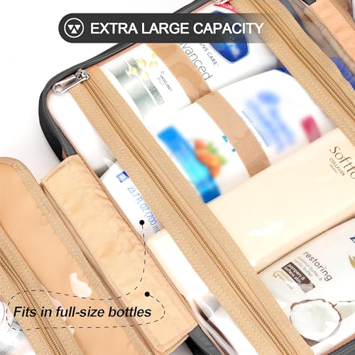 Travel Hanging Toiletry Bag for Women, Large Makeup Bag 8 Leak Proofing Silicone Bottle Covers, Waterproof Cosmetic Bag with Jewelry Organizer Compartment, Toiletries Kit Set, Black - color: Black, size: Large*1 + Leak Proofing Bottle Covers*8