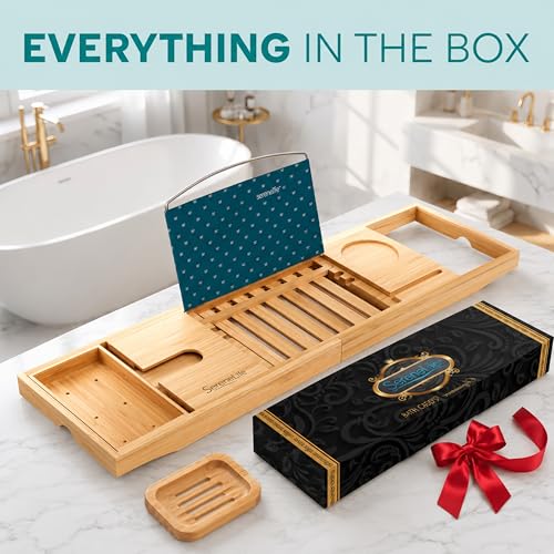 SereneLife Premium Bathtub Tray Caddy with Gift Box and Bow Set, Expandable Bath Tray, Unique House Warming Gifts for Mom, Women, Wedding, Anniversary, Bridal Shower, Fit for All Tub - Natural - color: Natural, Gift Set
