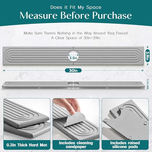 eormoe 30 inch Kitchen Faucet Absorbent Mat - Diatomaceous Earth Splash Guard for Sink Faucet, Aesthetic Water Absorbing Stone Tray in The Modern Home(Grey, 30" x 3.9") - color: Gray, size: 30" x 3.9"