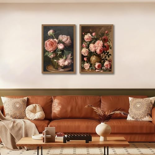 2Pcs Vintage Framed Wall Art Peony Wall Decor Pink Floral Canvas Prints Cottagecore Decor Rustic Farmhouse Pictures Artwork for Walls Living Room Bedroom Bathroom 12"x16" Ready to Hang - color: Vintage Peony, size: 12x16 inches