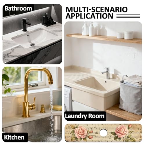 2 Pcs Kitchen Sink Splash Guard Faucet Mat Retro Sheet Music Flowers Pattern Faucet Mat for Sinks Flower Absorbing Drying Mats for Kitchen Bathroom - color: Music Flowers Pattern