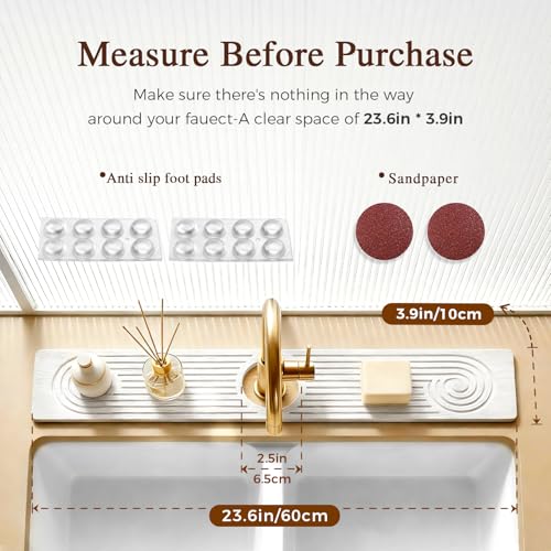 2 Pack Stone Faucet Mat for Kitchen Sink, Absorbing Drying Stone Mat Prevent Moisture, Sink Splash Guard Water,Natural Diatomite Stone Tray for Bathroom Counter 23.6*3.9inch (White+White) - color: White+White